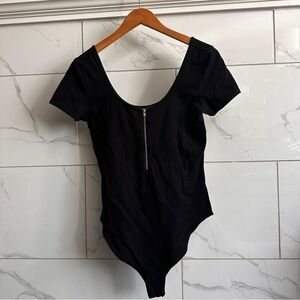Black Zip Front Scoop Neck Bodysuit